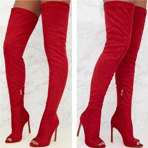 Hot Tomato Gorgeous Soft Red Suede Over the Knee Open Toe Heeled Boots Size 9